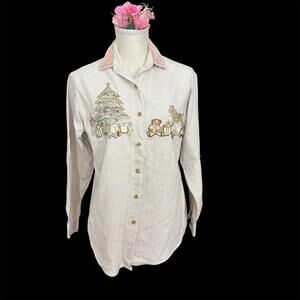 Vtg Casey & Max pin stripe neutral colors button up Christmas shirt sz small